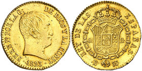 1823. Fernando VII. Barcelona. SP. 80 reales. (Cal. 174). 6,71 g. Tipo "cabezón". Insignificantes impurezas. Bella. Parte de brillo original. Ex Áureo...