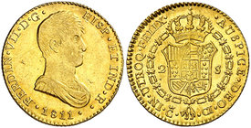 1811. Fernando VII. Cádiz. CI. 2 escudos. (Cal. 175). 6,76 g. Busto drapeado. Pequeños excesos de oro. Bella. Ex Áureo Selección 2006, nº 341. Rara y ...