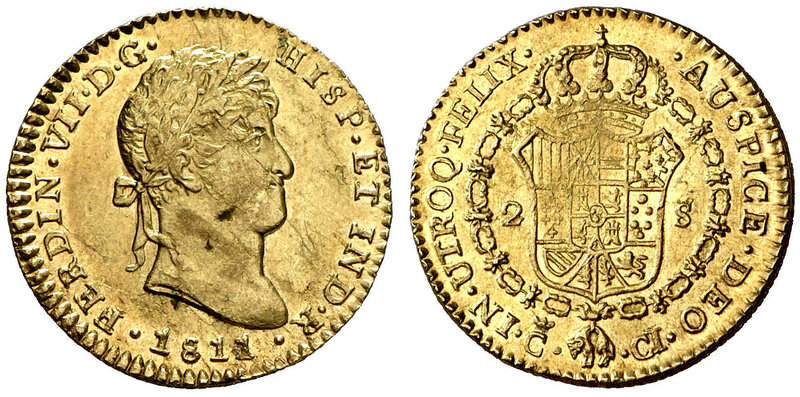 1811. Fernando VII. Cádiz. CI. 2 escudos. (Cal. 178). 6,74 g. Busto laureado. Ma...