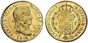 1811. Fernando VII. Cádiz. CI. 2 escudos. (Cal. 178). 6,74 g. Busto laureado. Marca de ceca grande. Hojitas. Brillo original. Preciosa pátina. Ex Áure...