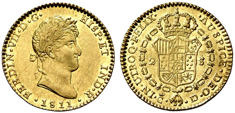 1811. Fernando VII. Cádiz. CI. 2 escudos. (Cal. 179). 6,79 g. Ensayador invertid...