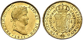1811. Fernando VII. Cádiz. CI. 2 escudos. (Cal. 179). 6,79 g. Ensayador invertido. Bella. Brillo original. Ex Áureo 31/05/2006, nº 754. Rara y más así...