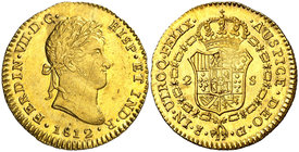 1812. Fernando VII. Cádiz. CI. 2 escudos. (Cal. 180). 6,71 g. Marca de ceca pequeña. Leves marquitas. Bella. Brillo original. Escasa así. EBC/EBC+.
