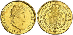 1812. Fernando VII. Cádiz. CI. 2 escudos. (Cal. 181). 6,79 g. Marca de ceca grande. Rayitas de acuñación. Bella. Brillo original. Ex Colección Mariana...