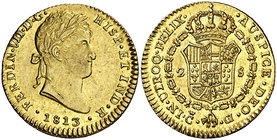 1813. Fernando VII. Cádiz. CI. 2 escudos. (Cal. 182). 6,74 g. Muy bella. Brillo original. Ex Áureo & Calicó Selección 2013, nº 383. Rara y más así. EB...