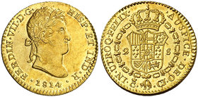 1814. Fernando VII. Cádiz. CJ. 2 escudos. (Cal. 184). 6,80 g. Leves rayitas. Bella. Brillo original. Ex Colección Mariana Pineda, Áureo 16/11/2005, nº...