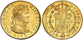 1812. Fernando VII. Madrid. IJ. 2 escudos. (Cal. 204). 6,74 g. Primer busto. Bellísima. Brillo original. Preciosa pátina. Rara y más así. Ex Colección...