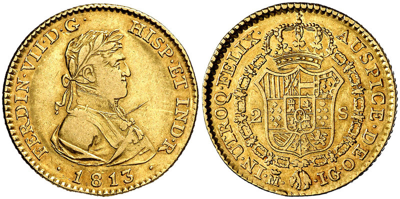 1813. Fernando VII. Madrid. IG. 2 escudos. (Cal. 206). 6,61 g. Rayita en anverso...