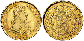 1813. Fernando VII. Madrid. IG. 2 escudos. (Cal. 206). 6,61 g. Rayita en anverso. Parte de brillo original. Ex Áureo & Calicó 29/10/2008, nº 1789. Muy...