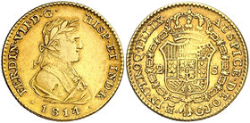 1814/3. Fernando VII. Madrid. GJ. 2 escudos. (Cal. 208 var). 6,75 g. Precioso color. Ex Colección Mariana Pineda, Áureo 16/11/2005, nº 695. Rara. MBC+...
