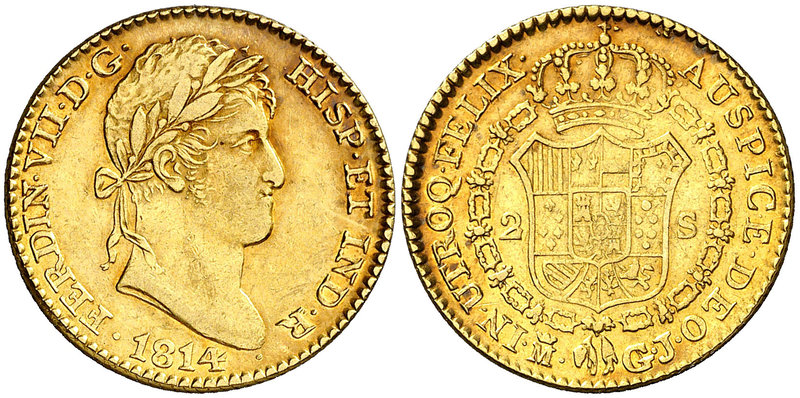 1814. Fernando VII. Madrid. GJ/IJ. 2 escudos. (Cal. 210 var). 6,75 g. Primer año...