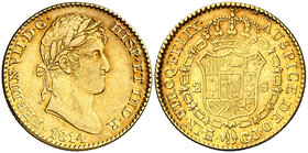 1814. Fernando VII. Madrid. GJ/IJ. 2 escudos. (Cal. 210 var). 6,75 g. Primer año de busto laureado. Bonito color. Ex Áureo 17/12/2003, nº 1283. Rara. ...