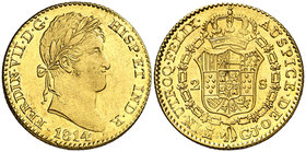 1814. Fernando VII. Madrid. GJ. 2 escudos. (Cal. 210). 6,74 g. Leves golpecitos. Bella. Brillo original. Rara y más así. S/C-.