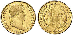 1815/4. Fernando VII. Madrid. GJ/IJ. 2 escudos. (Cal. 211 var). 6,67 g. Raras rectificaciones. Ex Áureo 31/05/2006, nº 768. MBC+.
