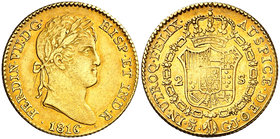 1816. Fernando VII. Madrid. GJ. 2 escudos. (Cal. 212). 6,78 g. Rayita. Bella. Parte de brillo original. Precioso color. Ex Colección Mariana Pineda, Á...