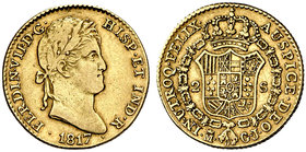 1817. Fernando VII. Madrid. GJ. 2 escudos. (Cal. 213). 6,70 g. Ex Áureo 31/05/2006, nº 769. Escasa. MBC.