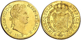 1819/7. Fernando VII. Madrid. GJ. 2 escudos. (Cal. 216 var). 6,82 g. Mínimas rayitas. Atractiva. Brillo original. Escasa así. EBC/EBC+.