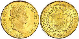 1819/7. Fernando VII. Madrid. GJ. 2 escudos. (Cal. 216 var). 6,77 g. Muy bella. Brillo original. Ex Áureo Selección 2006, nº 351. Rara así. S/C-.