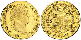 1819/8. Fernando VII. Madrid. GJ/IJ. 2 escudos. (Cal. 215). 6,65 g. Hojitas. MBC-.