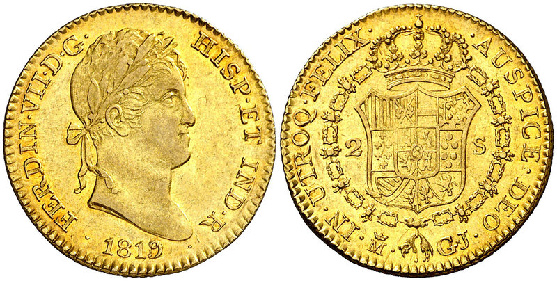 1819/8. Fernando VII. Madrid. GJ/IJ. 2 escudos. (Cal. 215). 6,79 g. Parte de bri...