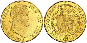 1820. Fernando VII. Madrid. GJ. 2 escudos. (Cal. 217). 6,73 g. Insignificantes hojitas. Bella. Brillo original. Ex Coleción Mariana Pineda, Áureo 16/1...