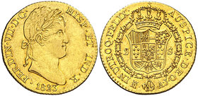 1823. Fernando VII. Madrid. AJ. 2 escudos. (Cal. 220). 6,78 g. Bella. Brillo origina. Ex Colección de 2 reales y 2 escudos, Áureo 09/04/2003, nº 892. ...