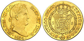 1824. Fernando VII. Madrid. AJ. 2 escudos. (Cal. 221). 6,73 g. Bellísima. Brillo original. Preciosa pátina anaranjada. Ex Colección de 2 reales y 2 es...