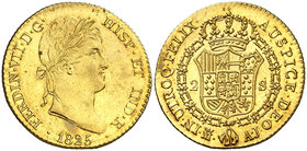 1825. Fernando VII. Madrid. AJ. 2 escudos. (Cal. 222). 6,72 g. Bellísima. Brillo original. Ex Colección de 2 reales y 2 escudos, Áureo 09/04/2003, nº ...