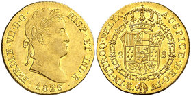 1826. Fernando VII. Madrid. AJ. 2 escudos. (Cal. 223). 6,78 g. Bella. Brillo original. Muy escasa así. EBC/EBC+.