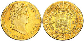 1827. Fernando VII. Madrid. AJ. 2 escudos. (Cal. 224). 6,73 g. Rayitas. Preciosa pátina. Ex Colección de 2 reales y 2 escudos, Áureo 09/04/2003, nº 89...