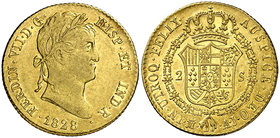 1828. Fernando VII. Madrid. AJ. 2 escudos. (Cal. 225). 6,70 g. Bella. Parte de brillo original. Ex Colección Isabel de Trastámara 23/04/2015, nº 1062....