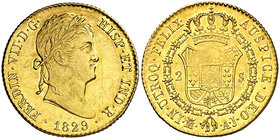 1829. Fernando VII. Madrid. AJ. 2 escudos. (Cal. 226). 6,75 g. Rayitas. Bella. Brillo original. Ex Colección de 2 reales y 2 escudos, Áureo 09/04/2003...