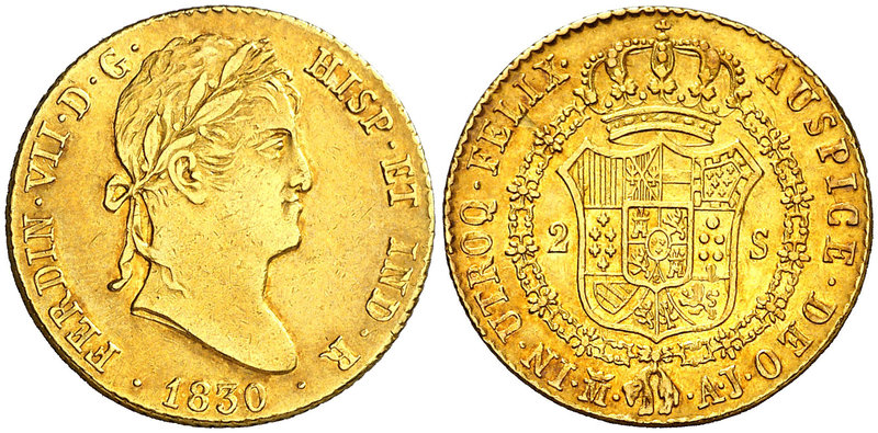 1830. Fernando VII. Madrid. AJ. 2 escudos. (Cal. 227). 6,72 g. Leves marquitas. ...