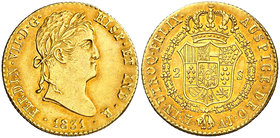 1831. Fernando VII. Madrid. AJ. 2 escudos. (Cal. 228). 6,76 g. Insignificantes golpecitos. Muy bella. Brillo original. Preciosa pátina anaranjada. Ex ...
