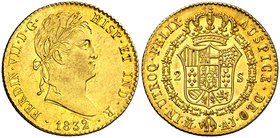 1832. Fernando VII. Madrid. AJ. 2 escudos. (Cal. 229). 6,79 g. Leves marquitas. Bellísima. Brillo original. Ex Áureo 05/03/2003, nº 1401. Rara así. EB...