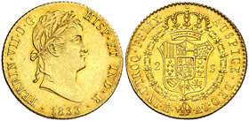 1833. Fernando VII. Madrid. AJ. 2 escudos. (Cal. 230). 6,74 g. Mínimo golpecito. Bella. Brillo original. Rara así. EBC+/S/C-.