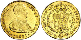 1808. Fernando VII. Sevilla. CN. 2 escudos. (Cal. 254 var). 6,77 g. Busto armado. Las siglas del ensayador rectificadas sobre otras. Brillo original. ...