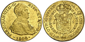 1808. Fernando VII. Sevilla. CN. 2 escudos. (Cal. 254). 6,86 g. Busto armado. Parte del anverso incuso en reverso. Bella. Brillo original. Ex Colecció...