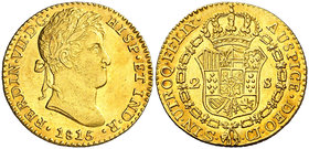 1815. Fernando VII. Sevilla. CJ. 2 escudos. (Cal. 257). 6,75 g. Primer año de busto laureado. Muy bella. Brillo original. Ex Áureo Selección 2006, nº ...