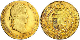 1816. Fernando VII. Sevilla. CJ. 2 escudos. (Cal. 258). 6,71 g. Leves rayitas. Bonito color. Ex Áureo 16/03/2006, nº 1507. EBC-/EBC.