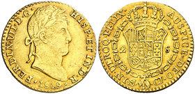 1819. Fernando VII. Sevilla. CJ. 2 escudos. (Cal. 261). 6,73 g. Bella. Precioso color. Parte de brillo original. Escasa y más así. EBC-/EBC.