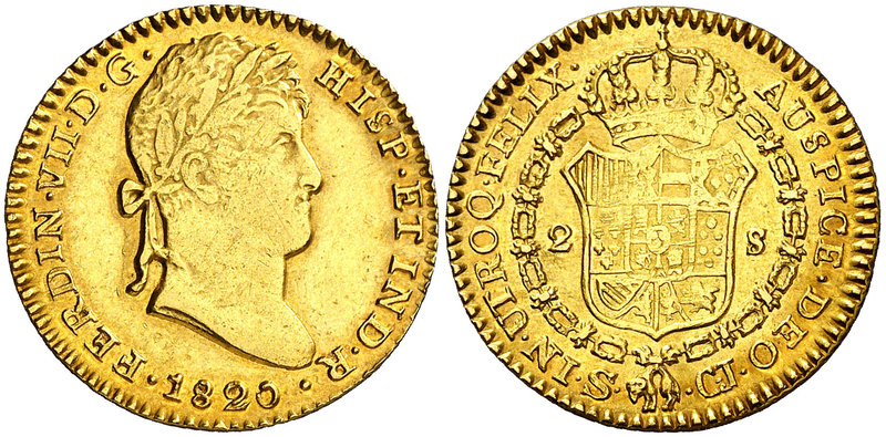 1820. Fernando VII. Sevilla. CJ. 2 escudos. (Cal. 262). 6,71 g. Leves rayitas de...