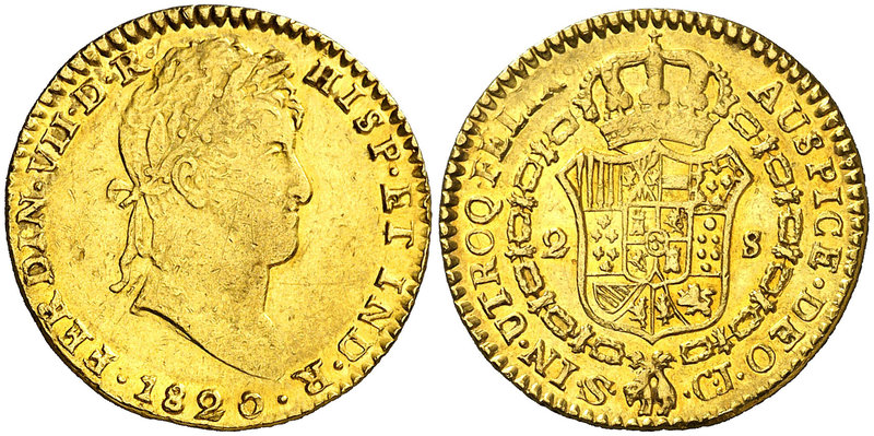 1820. Fernando VII. Sevilla. CJ. 2 escudos. (Cal. 263). 6,76 g. Parte de brillo ...