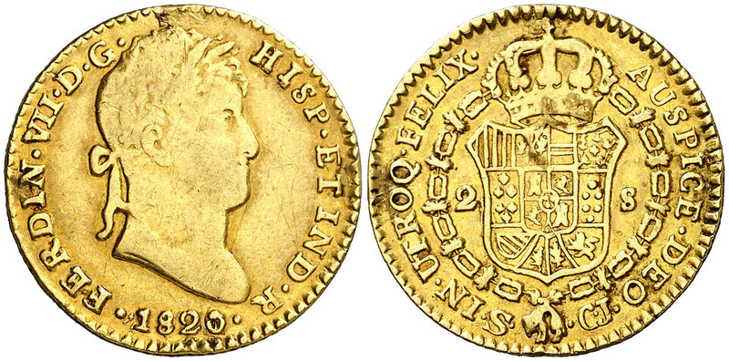 1820/1. Fernando VII. Sevilla. CJ. 2 escudos. (Cal. 262 var). 6,57 g. MBC-.