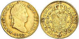 1820/1. Fernando VII. Sevilla. CJ. 2 escudos. (Cal. 262 var). 6,57 g. MBC-.
