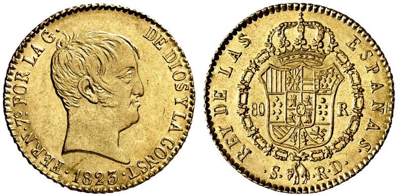 1823. Fernando VII. Sevilla. RD. 80 reales. (Cal. 265). 6,75 g. Tipo "cabezón". ...