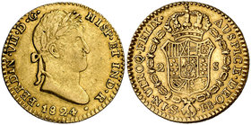 1824. Fernando VII. Sevilla. JB. 2 escudos. (Cal. 267). 6,80 g. Bonito color. Ex Áureo & Calicó 29/10/2008, nº 1820. Escasa. MBC+.