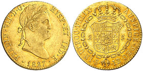 1827. Fernando VII. Sevilla. JB. 2 escudos. (Cal. 271). 6,76 g. Bella. Brillo original. Preciosa pátina. Ex Colección Mariana Pineda, Áureo 16/11/2005...
