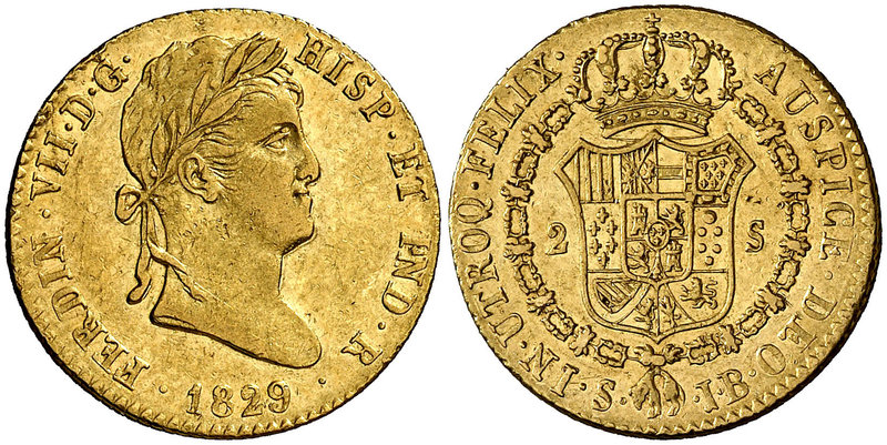 1829. Fernando VII. Sevilla. JB. 2 escudos. (Cal. 273). 6,70 g. Leves golpecitos...