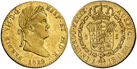 1829. Fernando VII. Sevilla. JB. 2 escudos. (Cal. 273). 6,70 g. Leves golpecitos. Bella. Brillo original. Ex Áureo & Calicó 29/10/2008, nº 1825. Rara,...